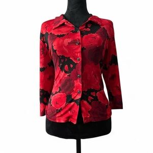 Vintage 90s Romantic Goth Rose Print Three-Quarter Sleeve Button Up